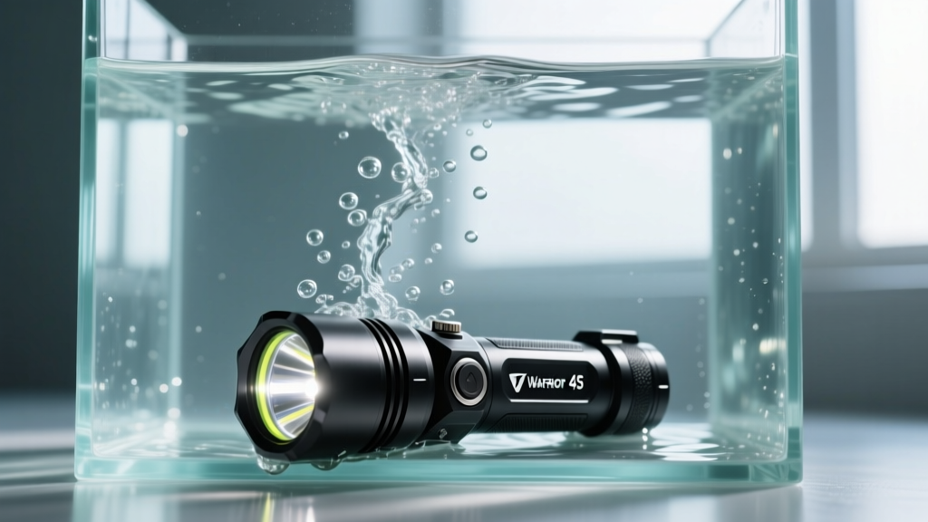 Tactical Olight Warrior 4S flashlight fully submerged in a glass tank of water with bubbles rising from the tail cap switch