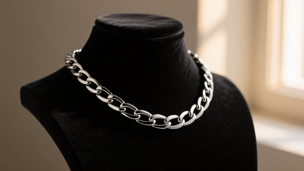 Black PVD-coated stainless steel chain necklace on a velvet bust, showing a pristine scratch-free matte finish under warm light.