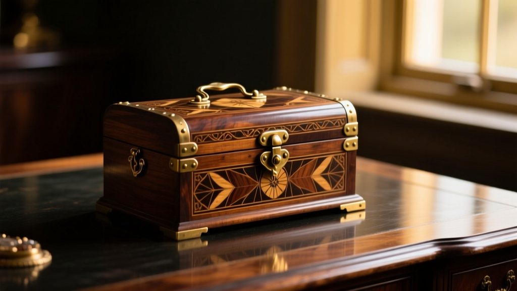 Close-up of a beautifully restored nineteenth century mahogany vintage treasure chest jewelry box resting on a dark oak desk