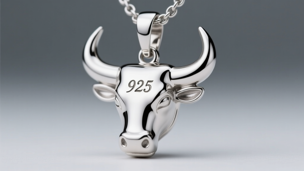 Macro shot of a 925 sterling silver Taurus bull necklace showing the hallmark stamp and rhodium finish under bright studio light.