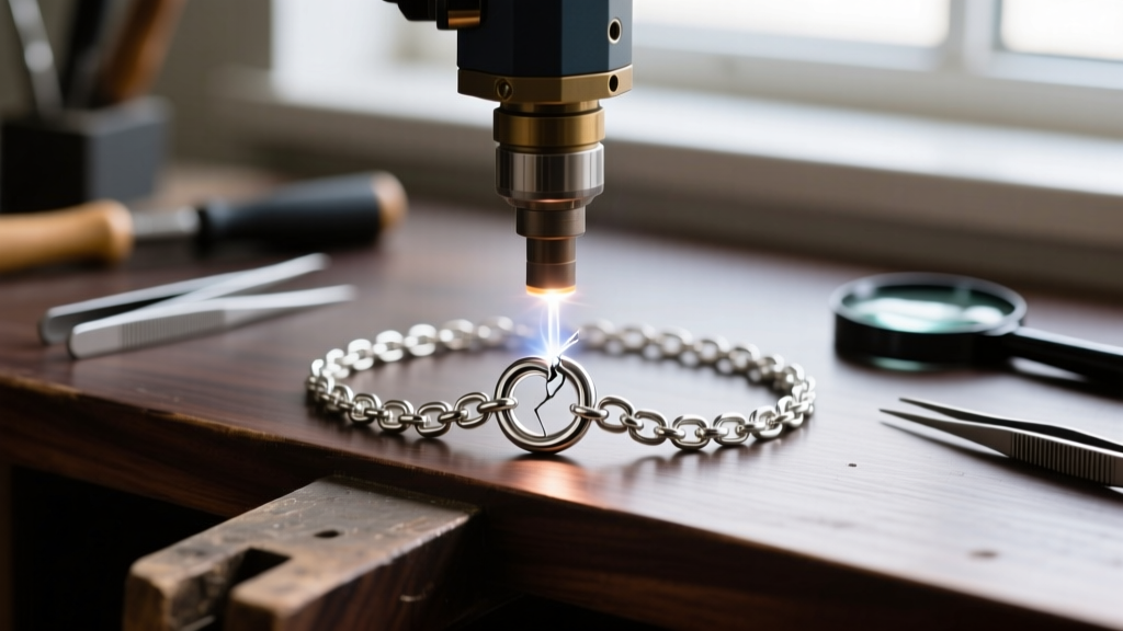 Close-up of a laser welder repairing a broken platinum figure-8 necklace safety chain link on a dark wooden jeweler workbench