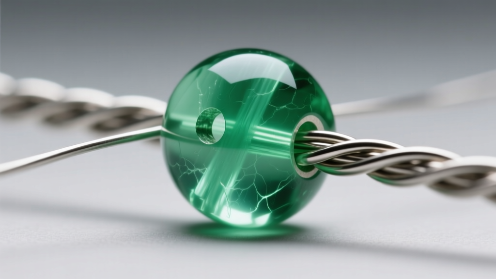 Close-up of a 49-strand stainless steel beading wire threading through a translucent green fluorite bead with a 1mm drilled hole.