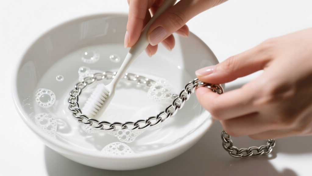 Hands cleaning a sterling silver cable chain with a soft toothbrush and soapy water in a white ceramic bowl, top-down macro view.