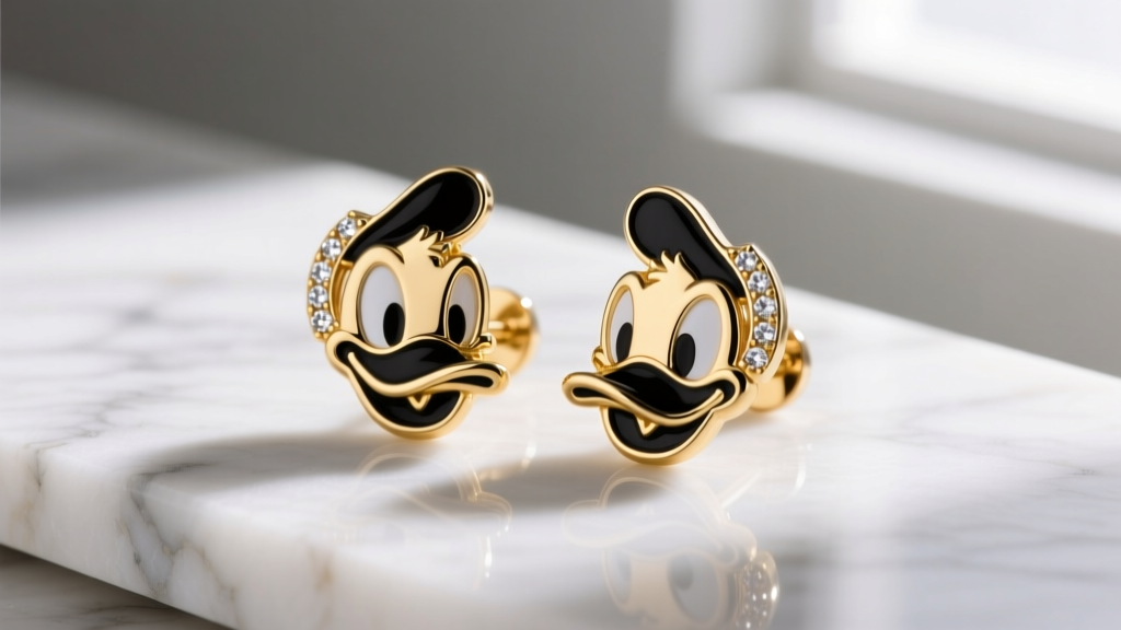 Close-up of 14k gold vermeil Daisy Duck silhouette stud earrings with black vitreous enamel and diamond accents on a marble surface.