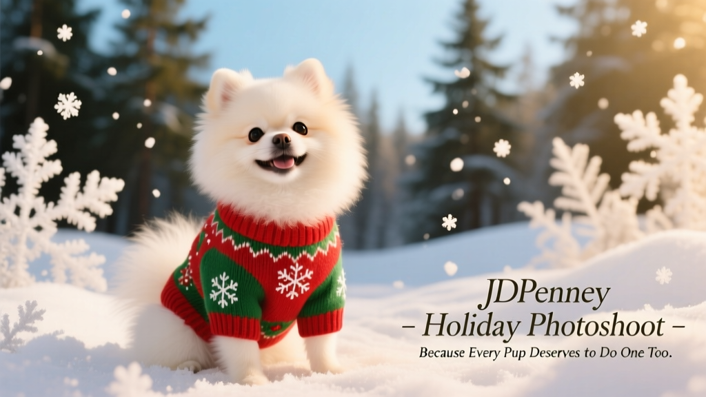 A small, cheerful dog wearing a red-and-green holiday sweater, sitting calmly on a snowy-themed backdrop with soft lighting