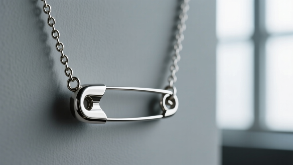 Side profile of an 18-gauge steel safety pin necklace, showing the wire thickness and secure hook seating inside the metal cap.