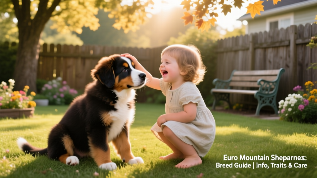 Euro Mountain Sheparnese puppy playing gently with a young child in a sunlit backyard