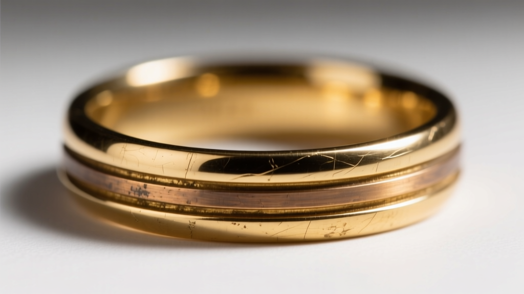 Extreme close-up of a worn gold filled ring band showing the darker brass core metal slightly exposed at the bottom edge.