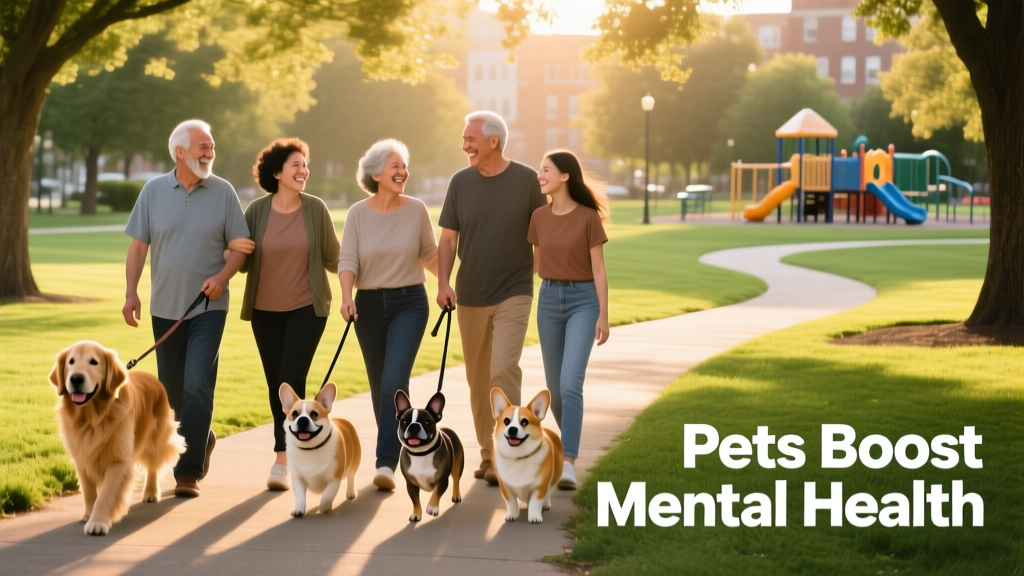 A diverse group of adults and teens smiling and walking side-by-side in a park, each accompanied by a friendly dog on a leash