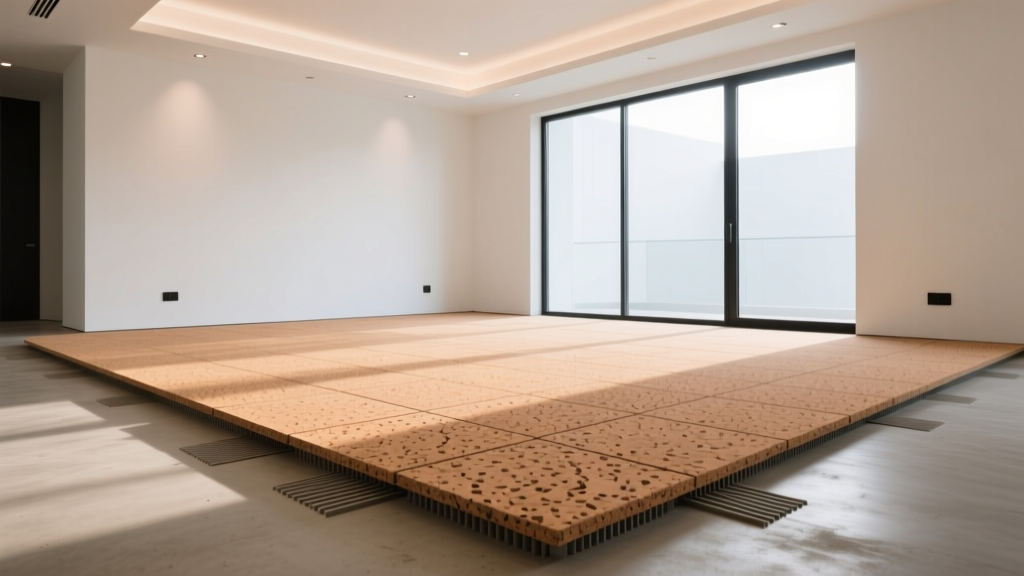 Agglomerated cork flooring tiles installed over concrete, highlighting warm texture and acoustic underlayment in a modern room