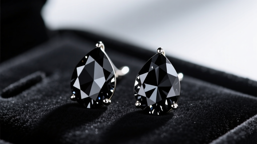 Macro view of faceted black CZ drop earrings on dark velvet, highlighting intense light reflection and sharp geometric facet edge.