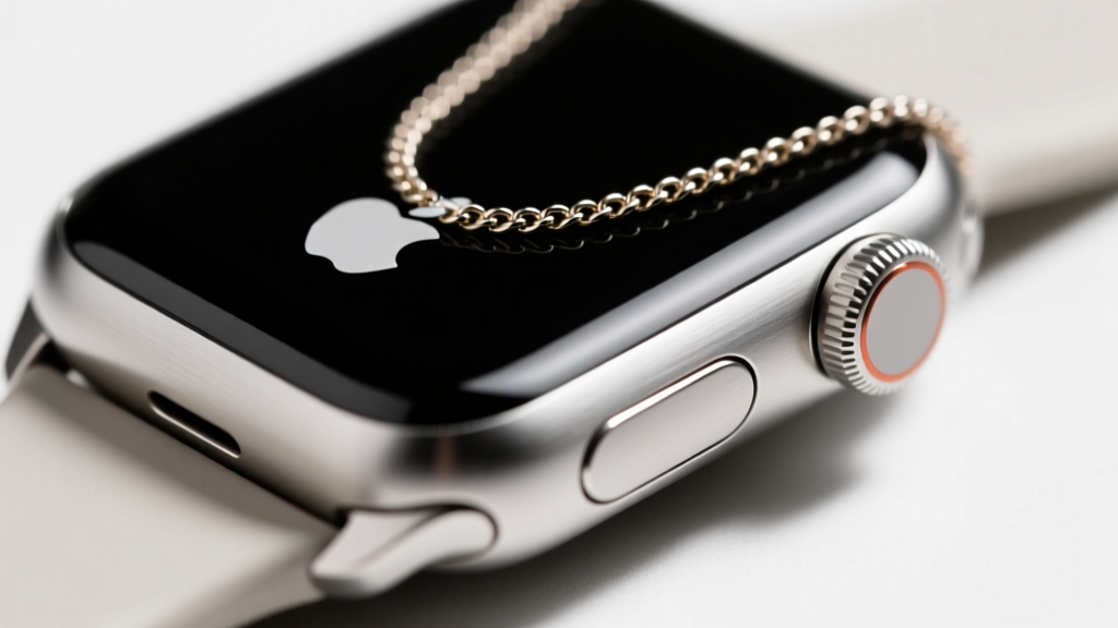 Close-up of empty band slots on an aluminum Apple Watch case, showing the narrow groove where a metal necklace chain is inserted.