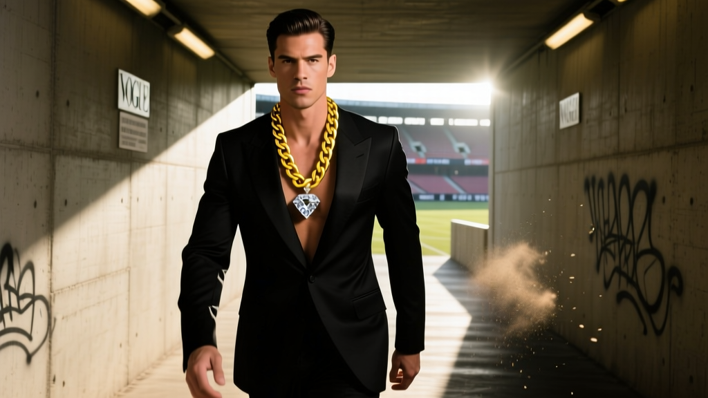 Athletic man in a tailored suit wearing a thick yellow gold Cuban link chain and large diamond pendant walking in a stadium tunnel