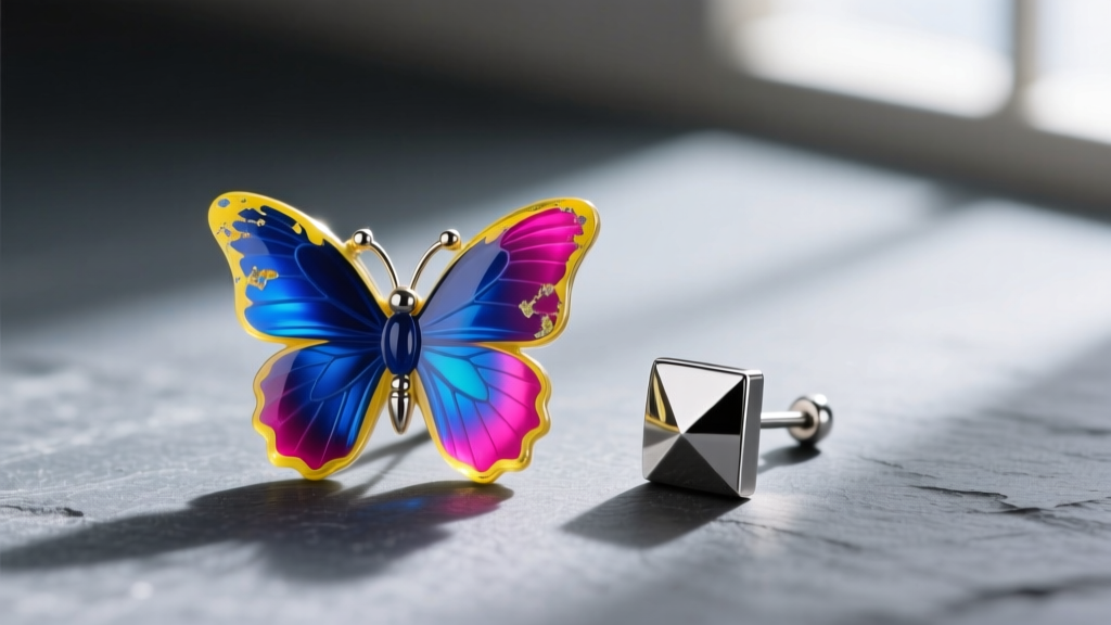 Macro shot of a vintage 90s acrylic butterfly earring with slight yellowing on slate, next to a modern ASTM F136 titanium stud