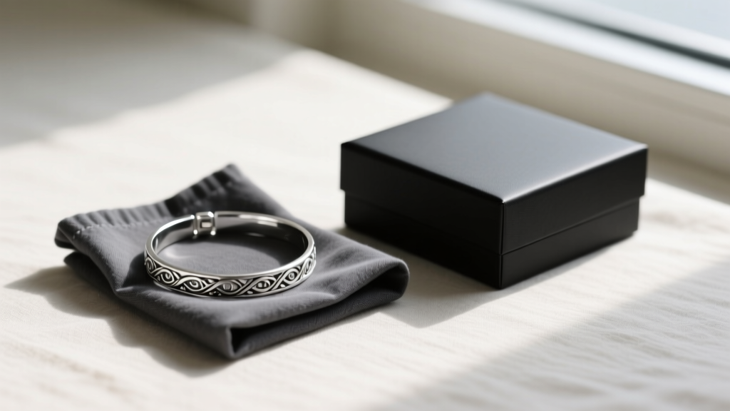 Flat lay of a 925 silver bracelet wrapped in a dark grey anti-tarnish cloth next to a minimalist matte black presentation box