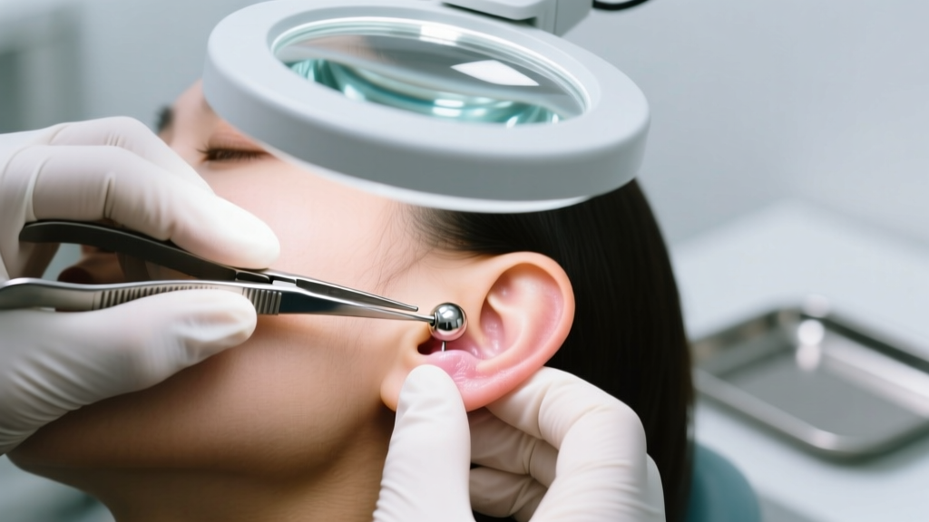 Piercer using sterile hemostats and a magnifying lamp to carefully remove a stuck titanium labret earring back from ear cartilage
