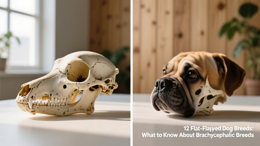 Side-by-side comparison of a healthy dog skull and a brachycephalic skull showing shortened nasal bones and compressed facial structure