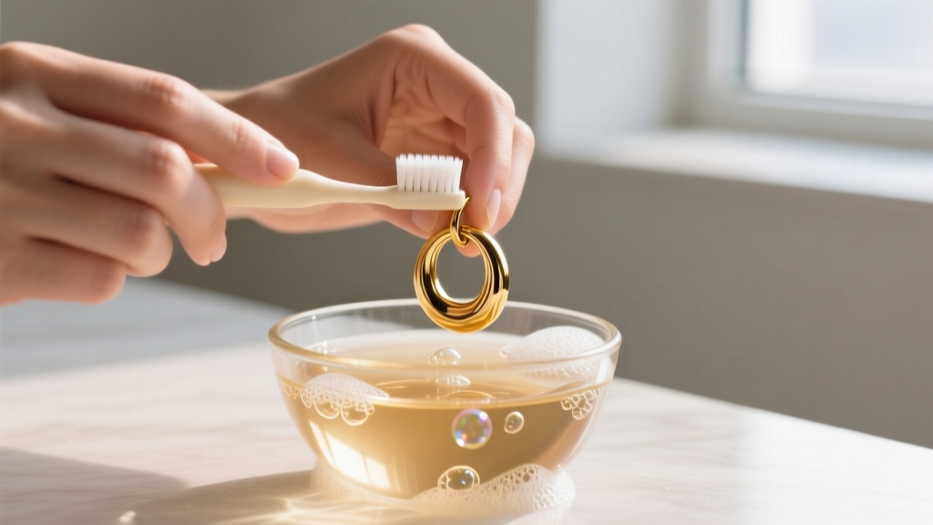 Hands using a soft baby toothbrush to clean a Tahari gold-tone brass hoop earring in a small glass bowl of warm soapy water.