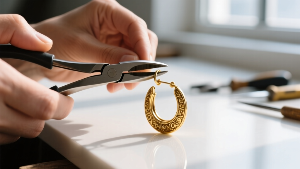 Close-up of a jeweler using flat-nose pliers to gently adjust the tension pin on a vintage gold hoop earring