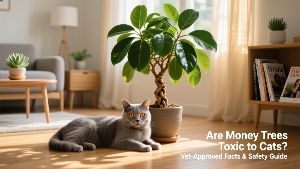 A calm, healthy cat resting peacefully beside a thriving money tree in a sunlit living room