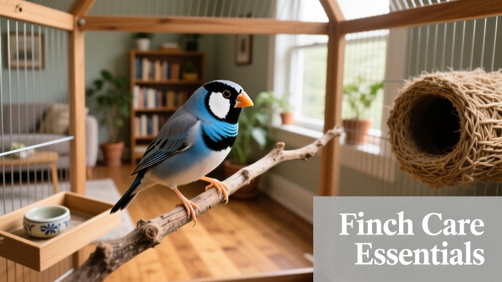 A vibrant zebra finch perched on a natural branch inside a spacious, well-furnished cage