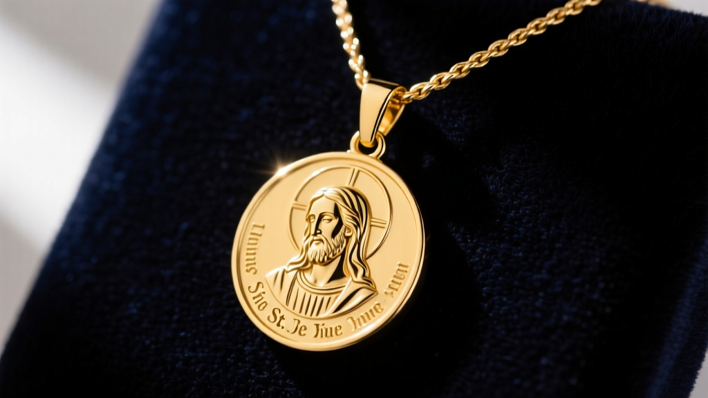 A close-up of a polished 14k yellow gold St. Jude medal pendant resting on a delicate cable chain against a dark velvet background