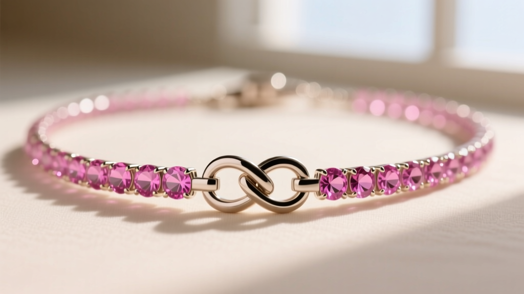 Macro photography of a hidden tongue-and-groove box clasp with dual figure-8 safety catches on a pink sapphire tennis necklace
