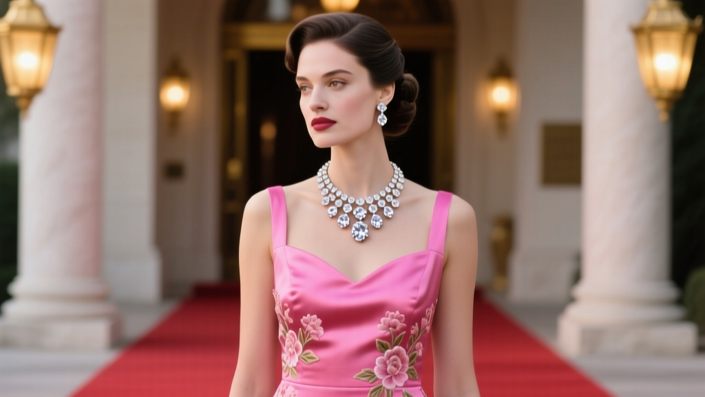 Elegant woman in a vibrant pink vintage silk dress wearing a massive 18k white gold diamond statement necklace on a red carpet.