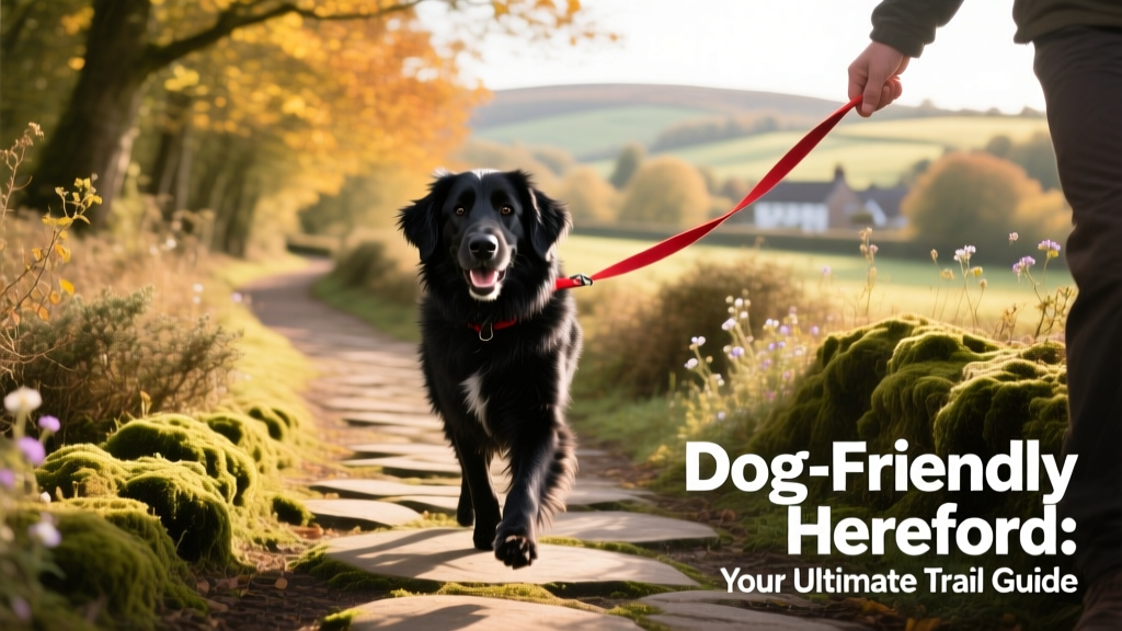 a fluffy black dog with a red leash on a stone path on a dog friendly trail in Hereford