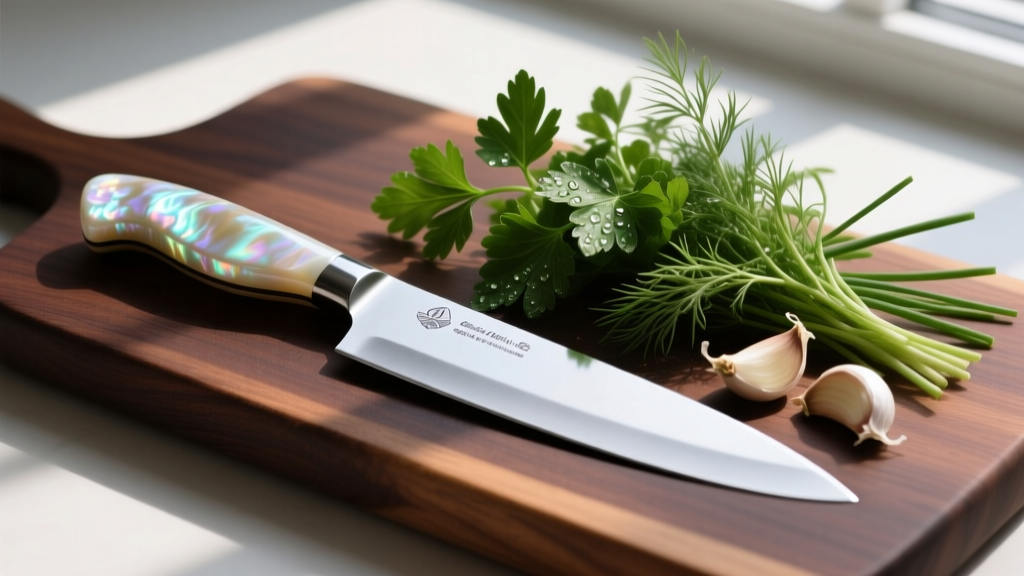 Artisanal chef knife with iridescent mother-of-pearl handle resting on a dark walnut cutting board next to fresh herbs and garlic