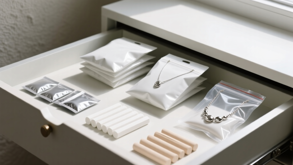 Jewelry drawer featuring anti-tarnish silica gel packets, chalk, and sealed ziplock bags containing silver-tone costume necklaces.