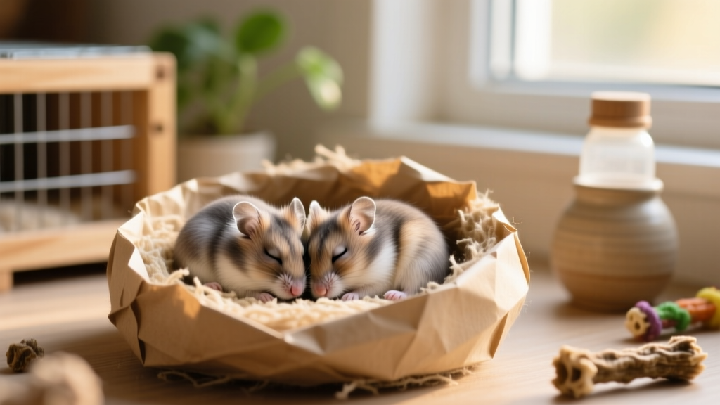 Close-up of two dwarf hamsters sleeping curled up together in a cozy nesting area with safe, paper-based bedding