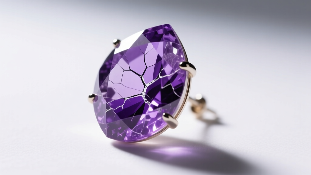 Extreme close-up of a dyed quartz earring showing purple dye concentration in the crystal fractures under bright studio lighting