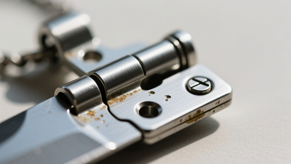Macro shot of a steel hinge on a knife pendant, highlighting the friction lock pin and visible signs of metal wear on the joint.
