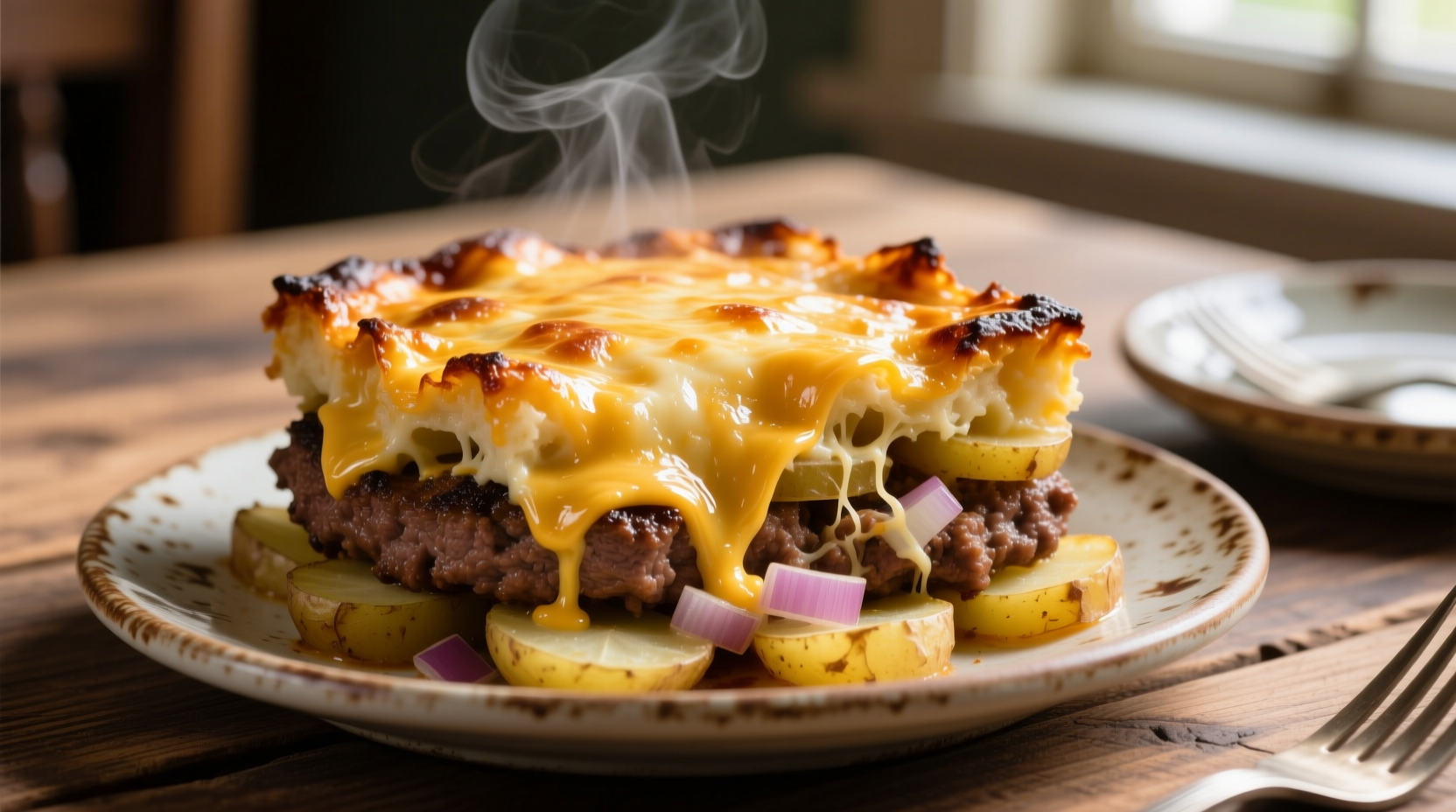 Golden brown hamburger potato casserole with melted cheese topping
