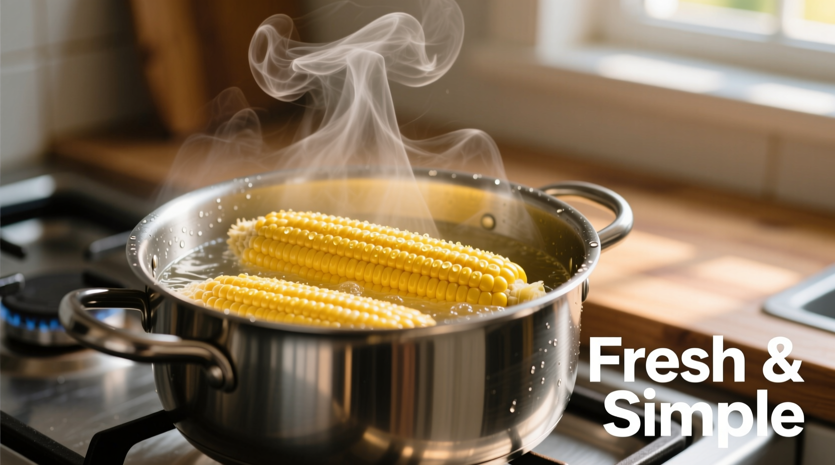 Fresh corn boiling in a pot with steam rising