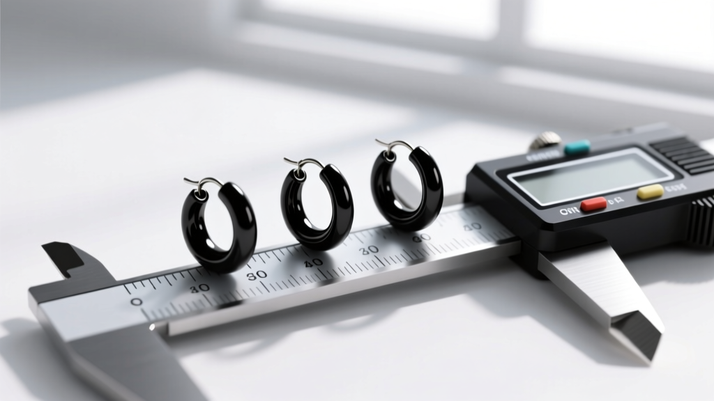Three tiny black hoop earrings of varying gauges on a digital caliper measuring their exact inner diameters and wire thicknesses
