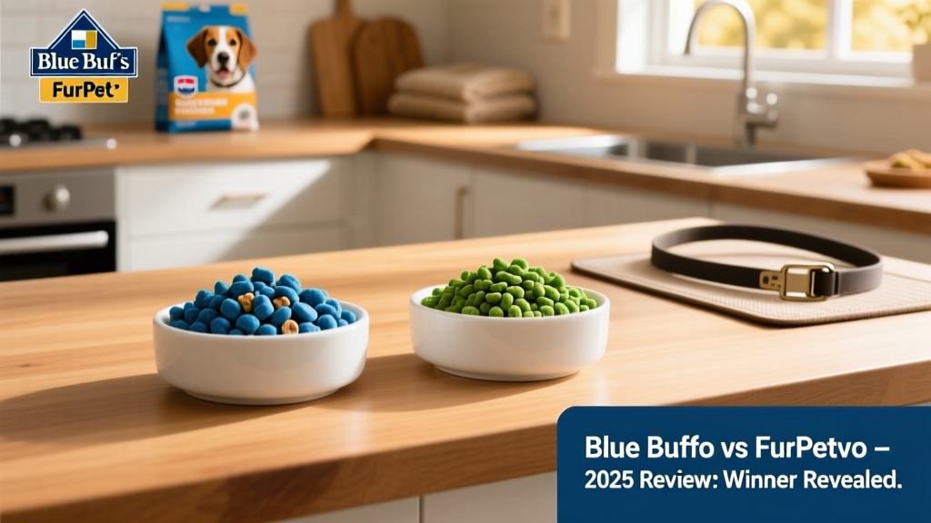 Side-by-side comparison of Blue Buffalo and FurPetVo dry kibble in clean, well-lit kitchen setting