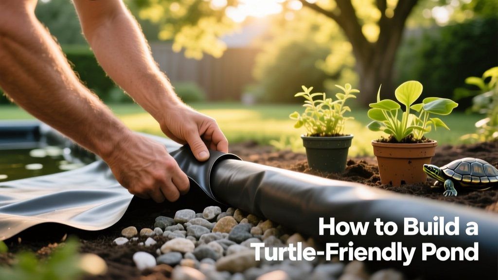 Hands installing a flexible pond liner with gravel and planting baskets nearby
