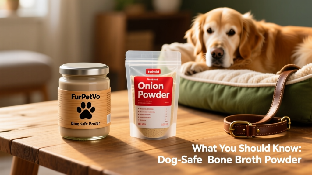 Side-by-side comparison: FurPetVo dog-safe bone broth powder jar next to a human-labeled product with 'onion powder' highlighted on the ingredient list