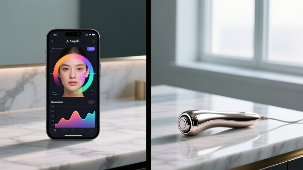 Split-screen comparison showing an AI skin diagnostic app interface next to a sleek microcurrent facial wand device on a marble countertop