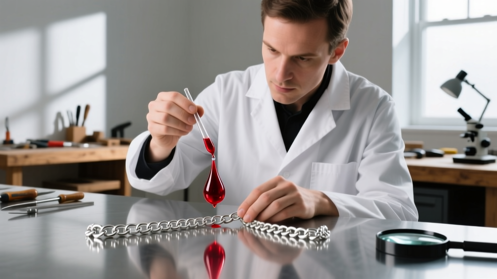 Jeweler applying a drop of Schwerter's acid test to a filed silver chain link, with the liquid turning a deep blood-red color