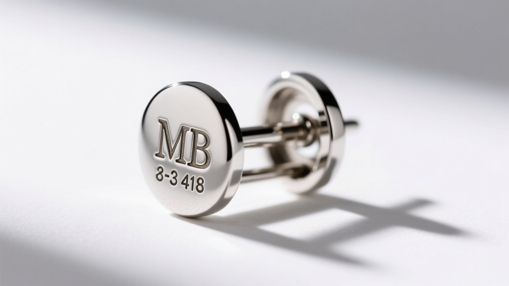 Macro shot of the stamped MB hallmark and four-digit number on a rhodium-plated vintage Boucher earring clip-back mechanism.