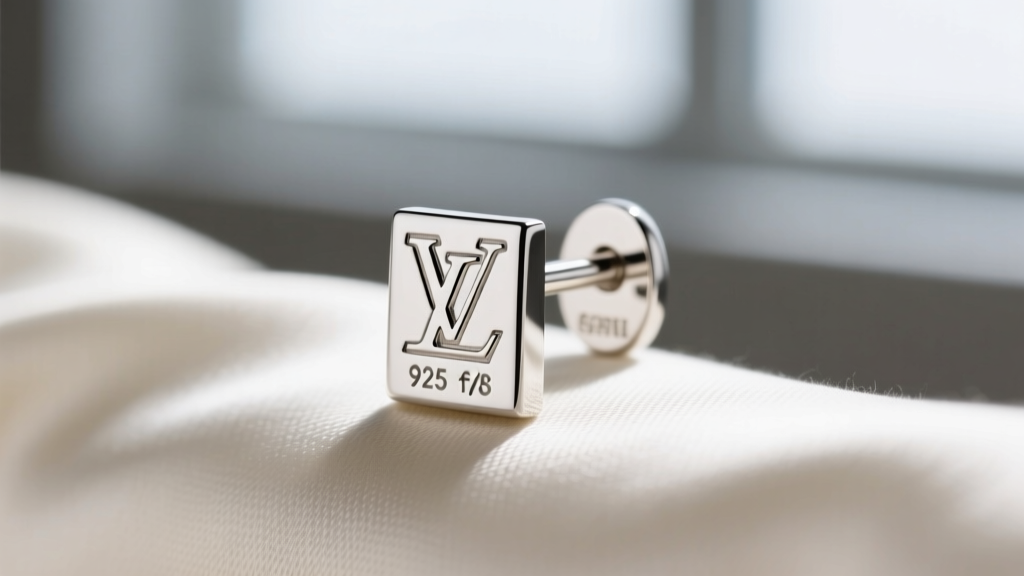 Macro photography of a 925 sterling silver hallmark and LV serial number engraved on the post of a luxury designer earring.