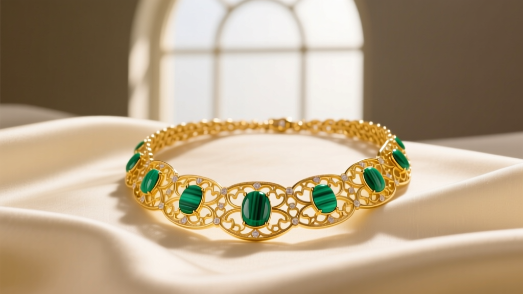 Yellow gold VCA 10 motif necklace with malachite stones on cream silk, illuminated by soft natural window lighting.