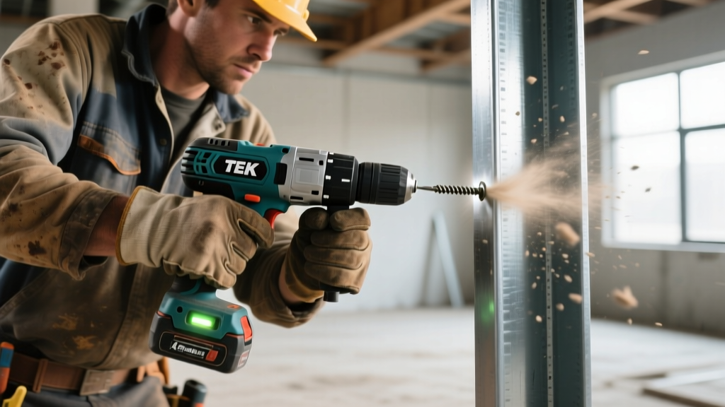 Construction worker driving a self-drilling TEK screw into a 16-gauge galvanized steel structural wall stud with a cordless impact driver