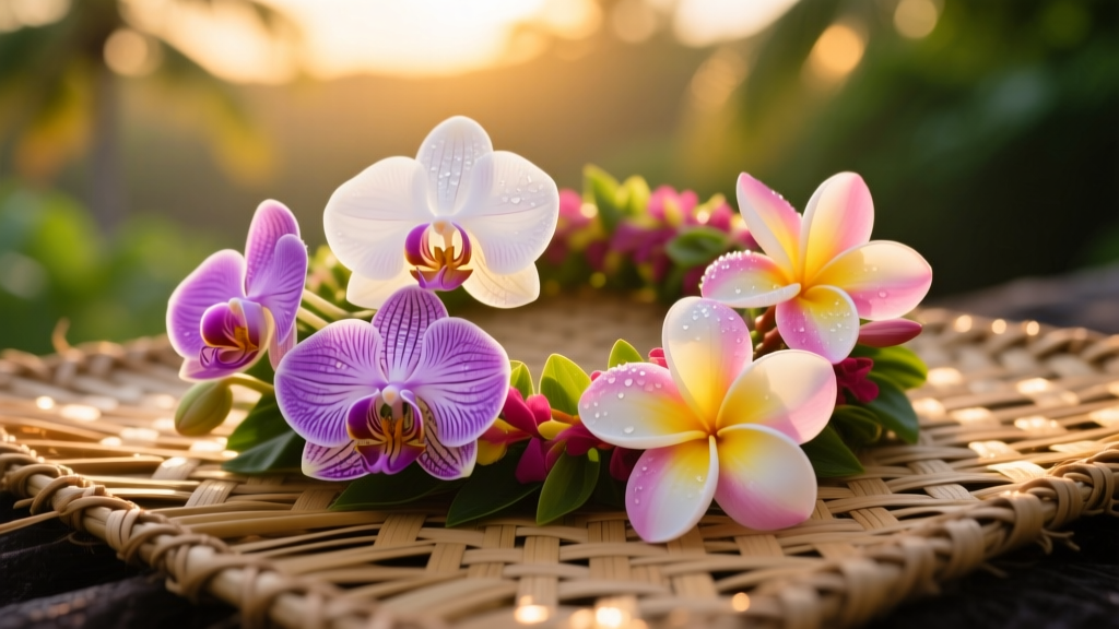Close-up of a vibrant fresh orchid and plumeria flower lei resting on a woven lauhala mat in warm golden hour tropical sunlight.