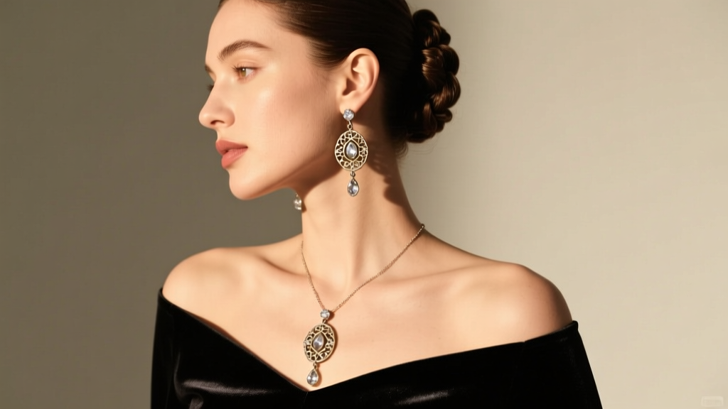 Woman in black velvet off-shoulder top wearing long pendeloque renaissance earrings, hair swept up to reveal the drop jewelry.