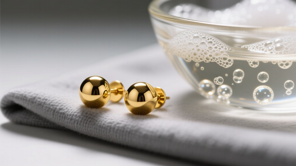 Close-up of 14k yellow gold ball stud earrings on a gray microfiber cloth beside a glass bowl of soapy water, soft lighting.