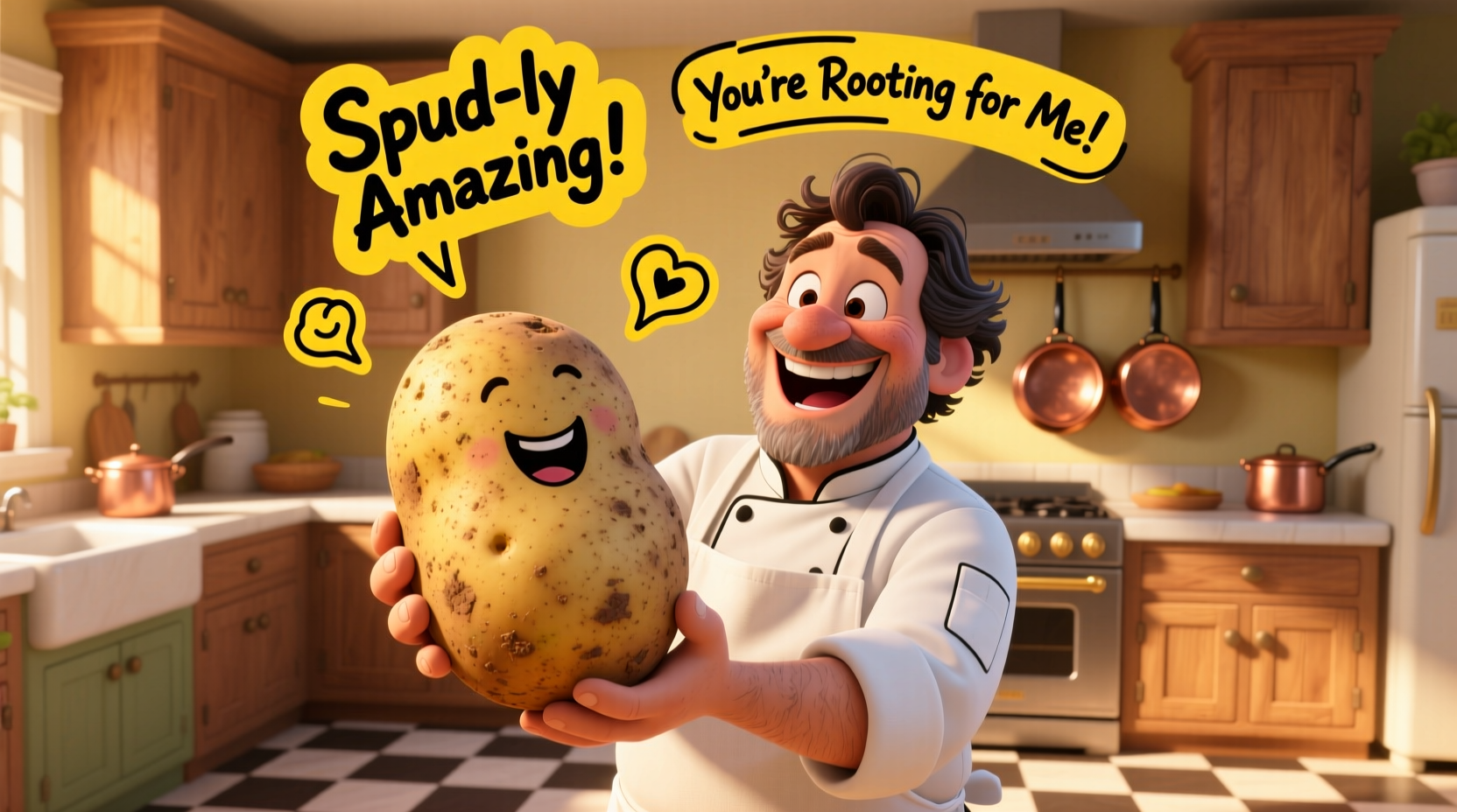 Chef laughing while holding potato with pun signs